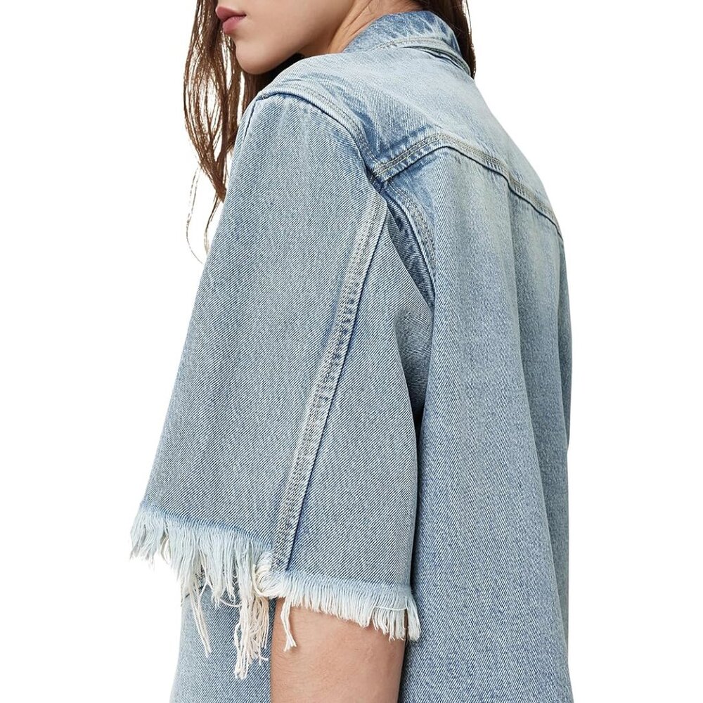 AllSaints Faye Frayed Short Sleeve Mini Denim Dress Jean Raw Edge Button Up - Picture 3 of 14